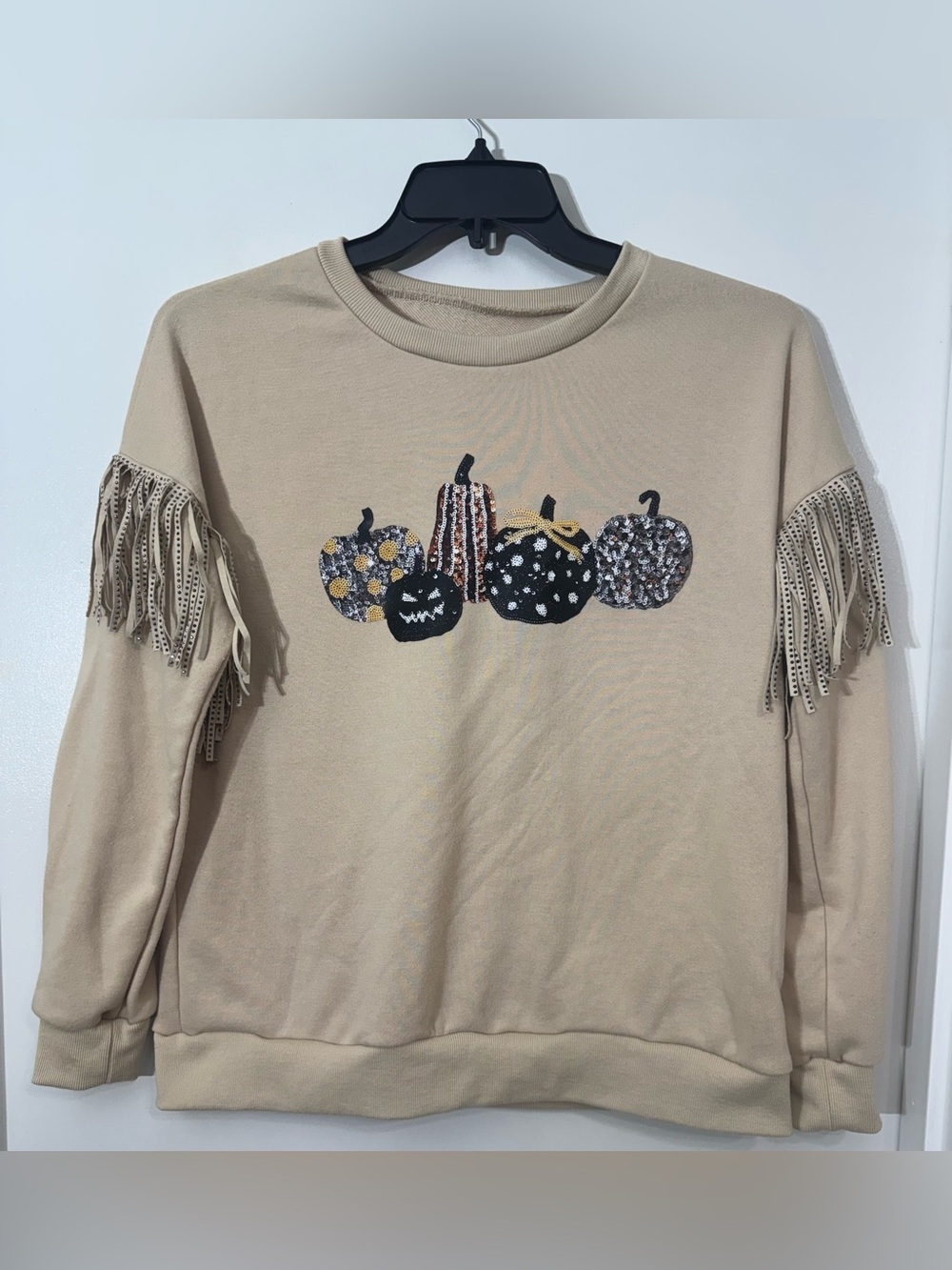 Fringed Beige Pumpkin Graphic Crewneck Sweatshirt